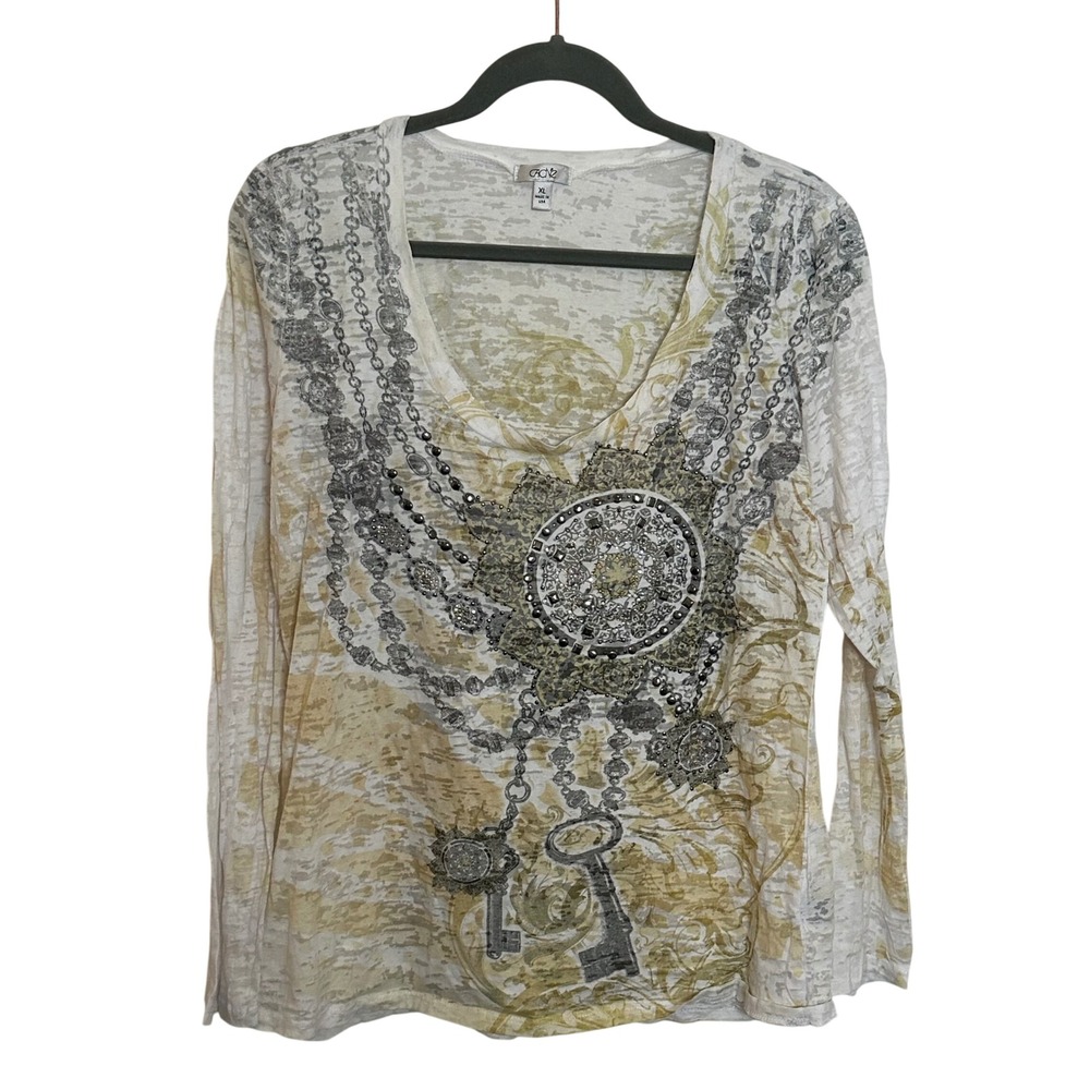 Vintage Cache Embellished Long Sleeve T Shirt Size XL White Gray Keys 90s Y2K‎